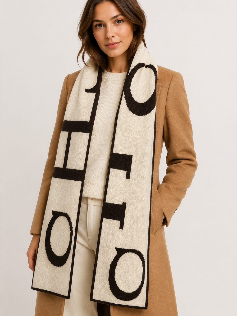 Coach Reversible Brown Cream Logo Angora Cashmere Scarf